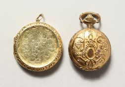 A 9CT GOLD CIRCULAR LOCKET, 8gms, and A METAL FOB WATCH.