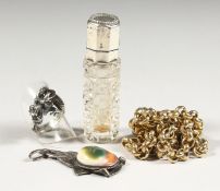 A GILT CHAIN, DRAGON RING, ART DECO PENDANT AND SCENT BOTTLE (4).