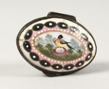 A BATTERSEA ENAMEL SNUFF BOX, the lid with a bird. 1.75ins.