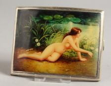 A GEORGE V ENGINE TURNED SILVER CIGARETTE CASE, the top with a nude in a garden. Birmingham 1929.