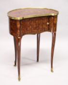 A LOUIS XVITH KIDNEY SHAPED PARQUETRY INLAID TABLE, with ormolou mounts, sliding panel to the