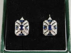 A PAIR OF 9CT GOLD AND SILVER DECO STYLE SAPPHIRE, ONYX AND DIAMOND EARRINGS.