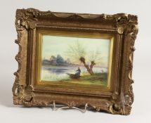 AN ENGLISH PORCELAIN PLAQUE painted with a young woman in a boat with a church in the distance by