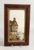 A 19TH CENTURY ENGLISH PORCELAIN PLAQUE with a castle and people in a boat.