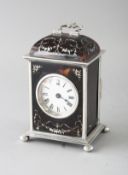 A GOOD SILVER AND TORTOISESHELL CARRIAGE TIMEPIECE, with circular white enamel dial, Roman numerals,