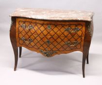 A GOOD LOUIS XVI PARQUETRY INLAID KINGWOOD BOMBE COMMODE, with serpentine fronted marble top, two