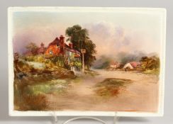 AN ENGLISH PORCELAIN PLAQUE painted with a country pub scene.