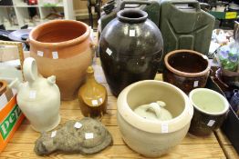 Various terracotta and other pots, a model of a cat etc.