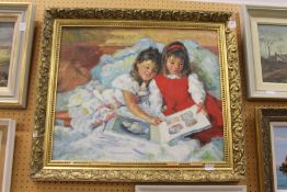 Two young children with a picture book oil on board.