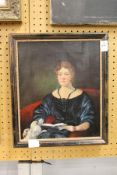 A 19th century English school, a portrait of a lady seated with a dog, oil on canvas.