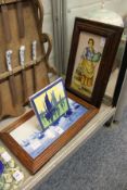 Two framed tile plaques and an unframed tile.