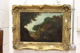 19th century English school, a figure by a cottage with another figure with dogs on a path, oil on