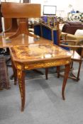 A continental marquetry games table with removable top, baize lined, playing surface, roulette wheel