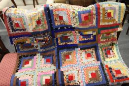 A large patchwork quilt.