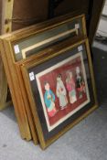 A set of three and two similar framed and glazed collages depicting Chinese figures.