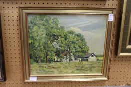 Rural Landscape with Trees and Farm Buildings oil on board.