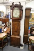 A 19th century oak and mahogany cased longcase clock with painted arch dial, signed Lomas, Sheffield