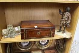 A brass bound box, a spelter figure and a glass model of a church.
