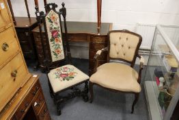 A high back hall chair together with a French style armchair.