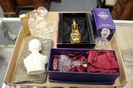A moulded glass model of a fox, two cut glass Edinburgh Crystal scent bottles, a boxed bottle of