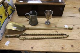 Brass fireside tongs, shovel etc.