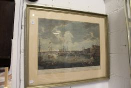 A view of the Royal Dockyard at Deptford colour engraving.