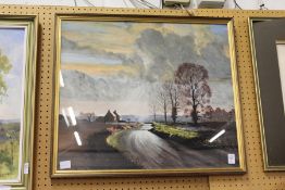 A pair of landscapes depicting cottages next to a road in a wooded landscape.