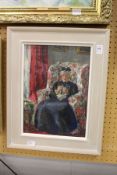 A portrait of an elderly lady in a blue dress seated in a floral armchair, oil on board.