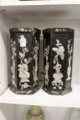 A pair of Chinese hexagonal carved wood and mother-of-pearl inlaid vases (AF).