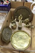 Engraved eastern brass dishes and other items.