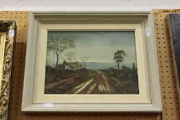 Rural Scene with a Path and Cottages oil on board, signed Stanope.