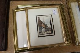 Three small colour prints, framed and glazed.