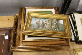 A small oil on panel depicting three figures on a balcony together with two other paintings.