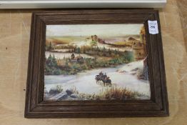 Russian school, a small oil on panel depicting figures with donkeys, a landscape beyond.