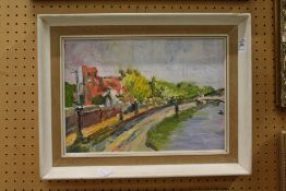 A river scene with figures on a path, 20th century oil on board.