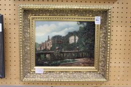 Late 19th century English school, a country house scene with balcony setting, oil on canvas.