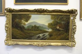A late 19th / early 20th century continental school, river landscape with cottages and trees, oil on