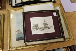 A small etching depicting HMS Victory in Portsmouth Harbour and three other engravings / prints.