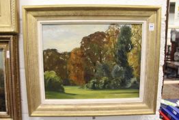 Parkland scene with trees, oil on board.