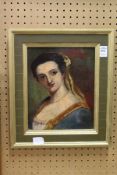 A 19th century continental school bust length portrait of a lady in a decorative painted frame.