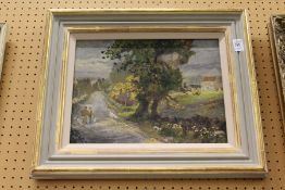 Figures on a Country Path with a Dog oil on board.