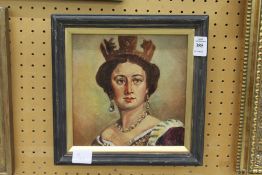 A bust length portrait of a young queen wearing a crown, oil on canvas.
