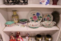 A quantity of Chinese porcelain, an enamel vase and a small metal dish, possibly Paktong.