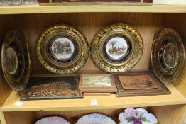 Decorative porcelain plates with embossed and pierced metal borders and other items.