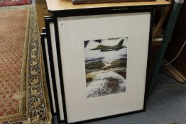 A jet fighter colour print and four similar.