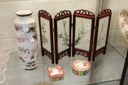 A Japanese cylindrical vase, a miniature folding screen and two Chinese porcelain boxes and covers.