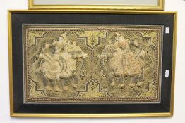 An eastern metal thread embroidered picture of two figures on elephants.