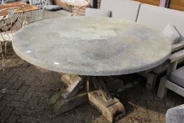 A good large heavy circular marble top table with substantial rustic oak base.