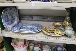 Three blue and white meat plates, a quantity of continental maiolica style china.