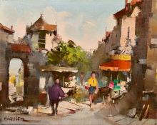 Harry Koolen (1904-1985) Dutch, figures on a busy continental street, oil on canvas, signed, 9.5